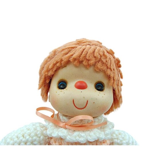 Vintage 1960s Red Hair Peach Dress Bottom Closes Hand Crocheted Bed Pillow Doll - Picture 2 of 12